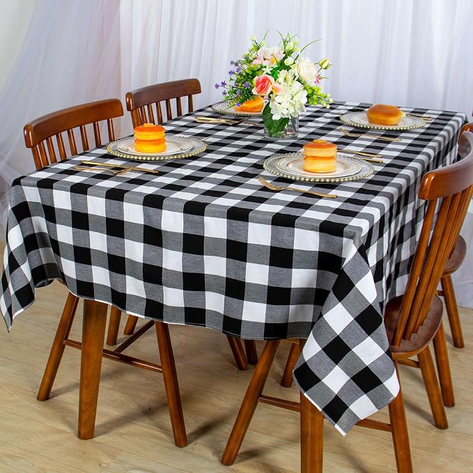 ShinyBeauty 60"x120" Black & White Checkered Tablecloth | Cotton Farmhouse Picnic Cloth | Wrinkle-Resistant & Durable | Perfect for Indoor/Outdoor Dining & Parties