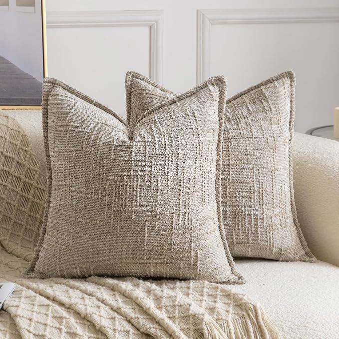 MADIZZ Pack of 2 Chenille Throw Pillow Covers 16x16 Inch Taupe Soft Neutral Decorative Throw Pillows for Couch Sofa Boho Accent Cushion Covers Modern Farmhouse Home Decor for Bedroom Living Room