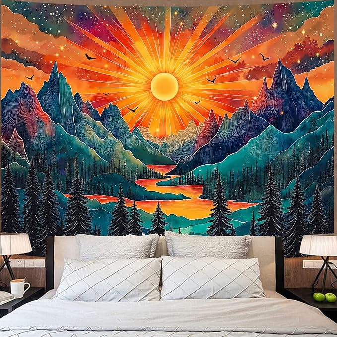 Zussun Vintage Sun Mountain Tapestry Hippie Boho Nature Forest Tree Wall Tapestry for Bedroom Aesthetic Sunset River Landscape Large Tapestries Wall Hanging for Dorm Living Room Decor 80 x 60 Inch