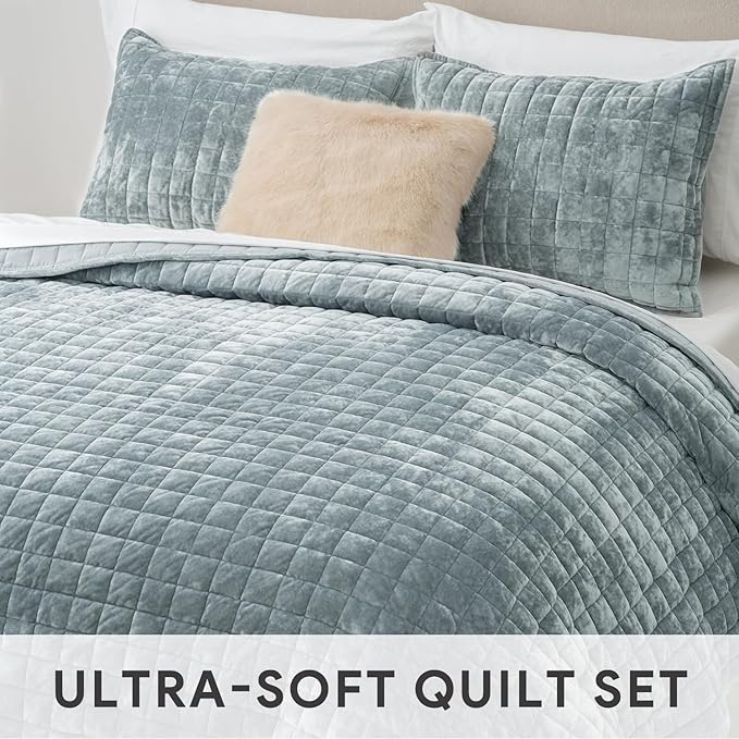 RECYCO Channel Box Stitch Velvet Quilt Set, Full Queen Size, Blue Linen | Ultra Soft Lightweight Velvet Comforter, Luxury Oversized Bedspread Coverlet, Quilted Bedding Set for All Season with 2 Shams