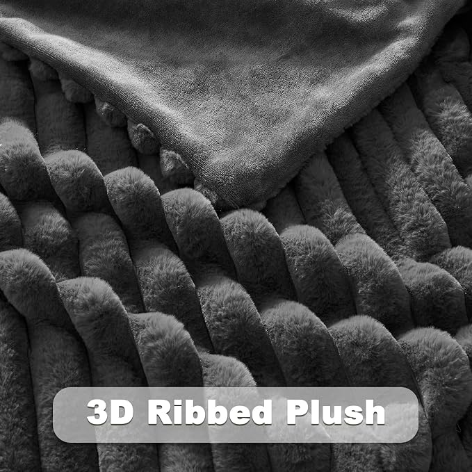 NEWCOSPLAY Faux Fur Ribbed Throw Blanket for Couch, Grey, 50"x60" | Plush Soft Thick Warm Blanket for Couch Sofa Bed 850GSM, Fluffy Cozy Luxury Decorative Throw, Gift for Women Men