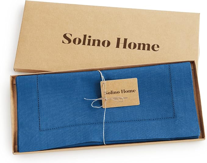 Solino Home 100% Pure Linen Table Runner Indigo Blue Hemstitch, 14 x 72 in | Classic Hemstitch, styles dining tables for meals and celebrations, hemstitched border, mitered corners, OEKO-TEX Certified