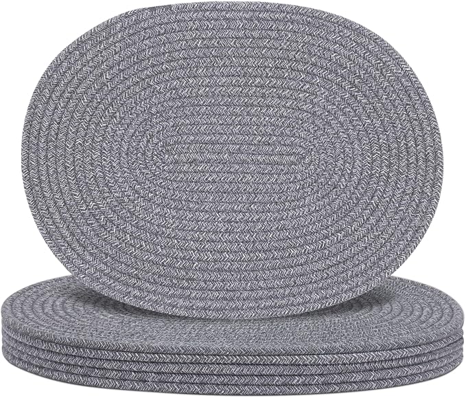 Oval Woven Placemats Set of 6, Boho Cotton Rope Braided Table Mats, 17x13 Inches Non Slip Heat Resistant Place Mats for Dining Room, Thick Hot Pads for Farmhouse Kitchen Table Decor. (Gray)