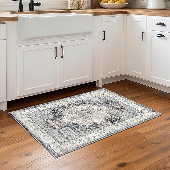 AooHHooA 2x3 Washable Entryway Rug Blue, Soft Stain Resistant 2x3 Boho Rug Vintage Small Rugs for Entryway, Low Pile Lightweight Non-Slip Indoor Door Mat Small Rugs for Bedroom Bathroom