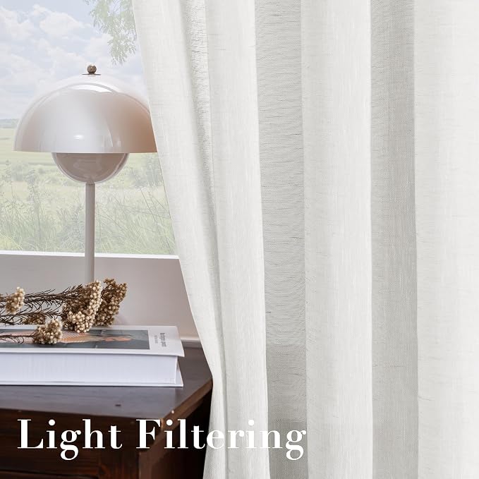 H.VERSAILTEX White Linen Curtains 96 inches Long Natural Linen Blended Semi-Sheer Curtains with Nickel Grommet for Living Room, Privacy Assured (52 by 96 Inch, Set of 2, White)