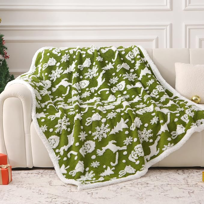 Christmas Green Knitted Sherpa Throw Blanket for Couch Bed Sofa 50"x60" | Ultra-Plush Comfort Decorative, Soft, Colorful Home, Couch, Outdoor, Travel Use Gift Choice Machine Wash