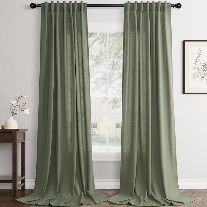 Jowels Loden Green Linen Curtains 84 Inch Long 2 Panels for Living Room | Olive Green Light Filtering Sheer Curtain,Back Tab Pocket Pleated Look, Farmhouse Textured Privacy Drapes for Bedroom Window