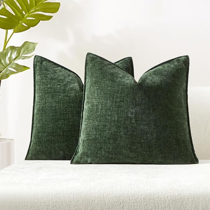JUSPURBET 22x22 Chenille Decorative Throw Pillow Covers Set of 2,Green | ﻿Cozy Soft Cushion Cover Case with Hidden Zipper for Couch Sofa Bed Living Room Home Decor Christmas