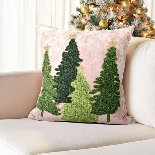 Christmas Tree Pillow Covers 18x18, Embroidered Velvet Christmas Throw Pillow Covers Christmas Decorations Holiday Pillows for Home Couch,Pink Blush/Green