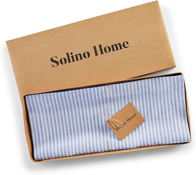 Solino Home 100% Pure Linen Table Runner, 14 x 36 in, Blue and White Stripe | Narrow Stripe, dresses up dining tables for everyday meals, European flax fibres, machine washable, soft, OEKO-TEX Certified