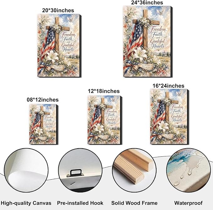 RIBNTAK 4th of July Wall Art Canvas Prints Pictures Patriotic Christian Artwork American Flag Cross Decor Faith Freedom Religious Canvas Art for Living Room Bedroom Office Farmhouse Home Decorations