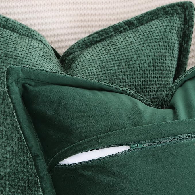 MADIZZ Decorative Chenille Velvet Throw Pillow Covers Set of 2 Soft Boho Textured Neutral Couch Throw Pillow for Bed Modern Farmhouse Home Decor for Sofa Livingroom Dark Green 18x18 Inch