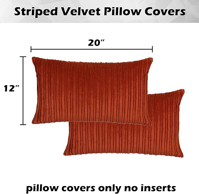 Kevin Textile Striped Corduroy 12”x20” Pillow Covers 2 Pack, Burnt Brick