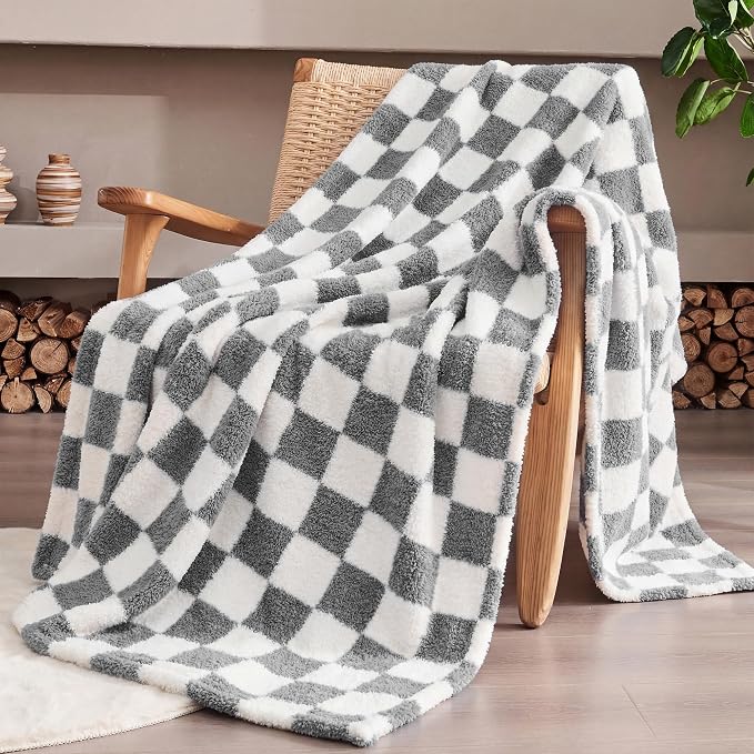 Gray Checkered Throw Blanket, Soft Plush Microfiber Fleece Blanket for Couch Sofa Travel, Cozy Decorative Home Blanket, All Season, 50x60 Inches