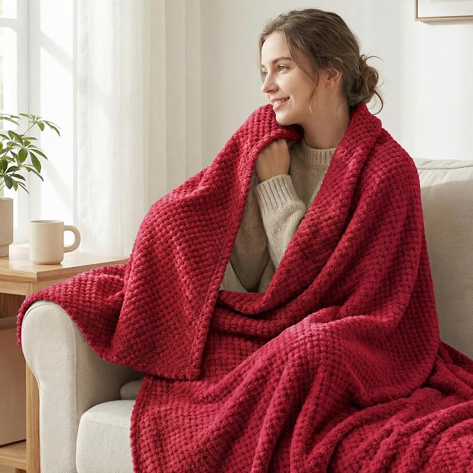 Exclusivo Mezcla Soft Waffle Fleece Bed Blanket King Size, Deep Red | Lightweight Plush Blanket for Bed, Bedroom, Cozy Flannel with Waffle Texture, Stylish Home Decor, All Season, 104x90 Inches