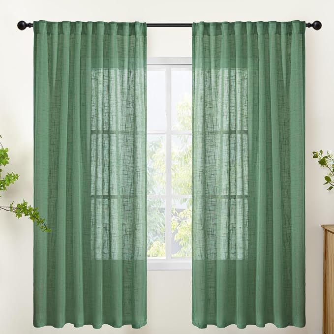 YoungsTex Green Linen Semi Sheer Curtains 72 Inch Length - Light Filtering Drapes with Back Tab Rod Pocket Lightweight for Living Room Window, 2 Panels, 52 X 72 Inch