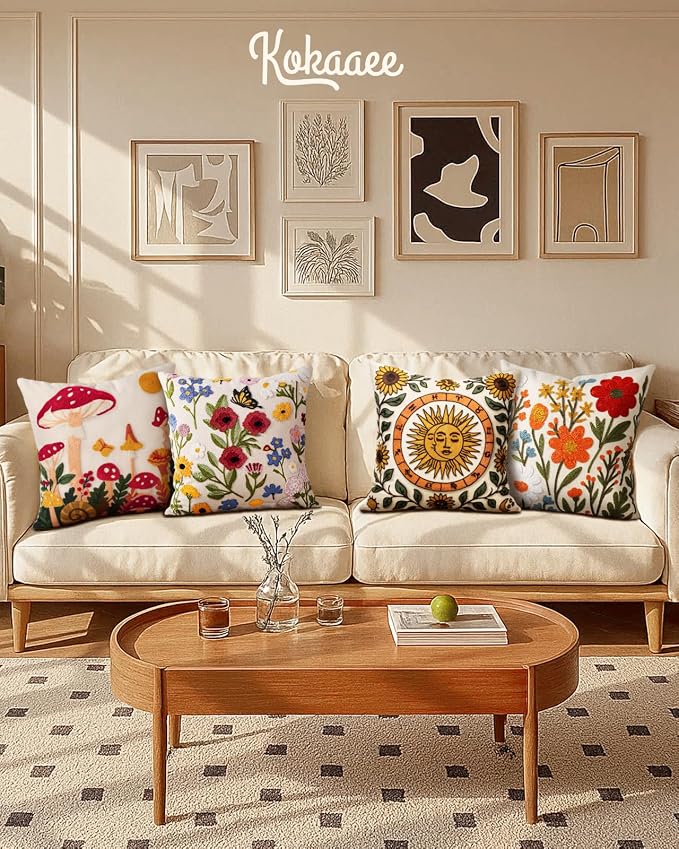 Embroidered Throw Pillow Covers 18x18 Inch, 2Pack, Flower Cluster | Decorative Pillow Covers Set of 2, Floral Cushion Cases with Hidden Zipper, Farmhouse Decor for Couch, Sofa, Living Room