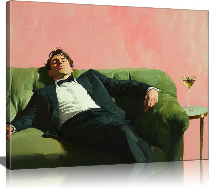 Vintage Man Canvas Wall Art Funky Victorian Men on Couch with Martini Picture Wall Decor Eclectic Cocktail Poster Trendy Bar Cart Decor Painting Print Artwork for Bar Kitchen Dining Room Decor, Framed
