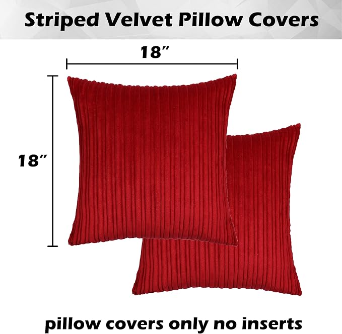 Kevin Textile Striped Corduroy 18”x18” Pillow Covers 2 Pack, Burgundy
