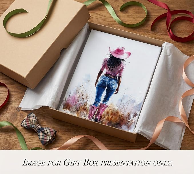 Pink Black Girl Canvas Wall Art Fashion Cowgirl Wall Decor Picture | West African American Girl Wilderness Cowgirl for Print Teen Girls Room Preppy Dormitory Bedroom Artwork Home Decoration
