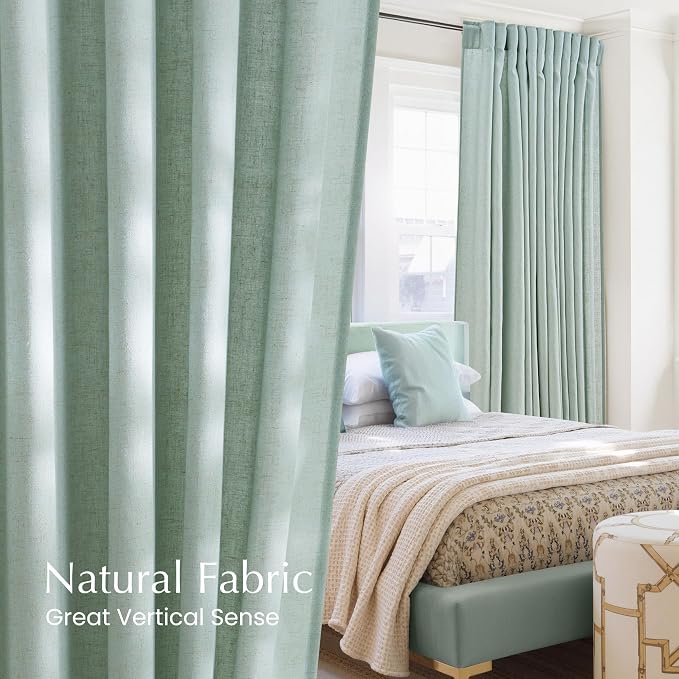 NICETOWN Linen Blend Sage Green Curtains 96 inches Long, Rod Pocket & Back Tab Light Filtering Semi Sheer Window Treatments Privacy Added Drapes for Living Room, W55 x L96, 2 Panels
