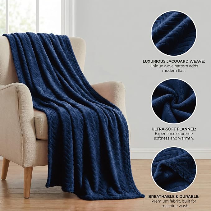 Exclusivo Mezcla Large Fleece Throw Blanket for Couch, Sofa, Navy Blue | 50"x70" Soft Breathable Lightweight Flannel Throws for Summer, Plush Cozy Jacquard Wave Blanket for Home Decor