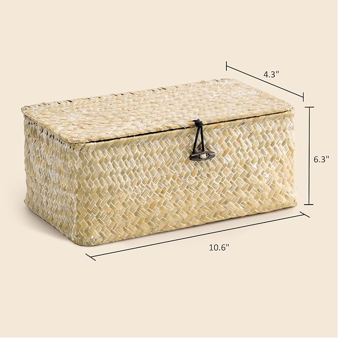 Nonam Small Wicker Basket with Lid,Seagrass Shelf Storage Basket,White | Basket Container for Organizing, Boho Decorative Basket, Rectangular Household Storage Boxes for Home Organization