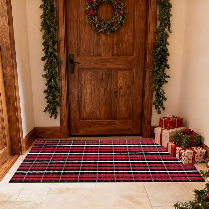 USTIDE Buffalo Plaid Cotton Handwoven Rug 2' x 4'3" Machine Washable Layered Front Porch Rug Red Black Checkered Farmhouse Entryway Mat Indoor Outdoor Door Mat for Patio Porch Christmas Holiday Decor