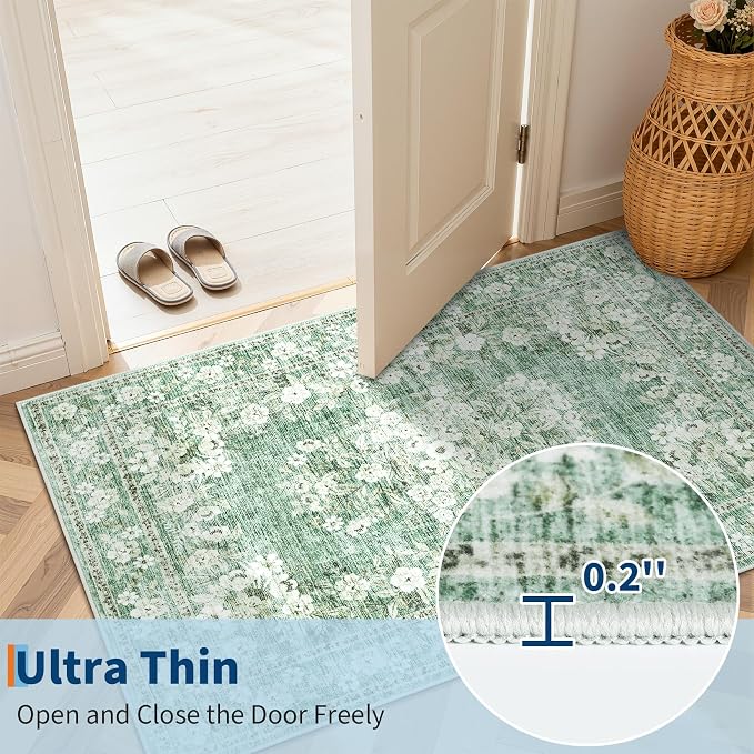 GarveeHome 2x3 Small Rug for Kitchen Machine Washable Floral Doormat | Non-Slip Low Pile Vintage Throw Carpet for Hallway Flower Bordered Accent Mat Boho Botanical Area Rugs for Bedroom Sage Green