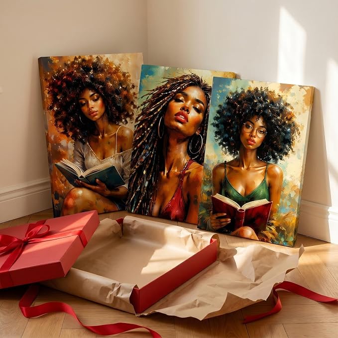 African American Women Canvas Wall Art, Boho Floral Black Girl Painting3Pcs | Modern African wall art: boho black woman reading, framed canvas for living room, office, bedroom, 16x24in