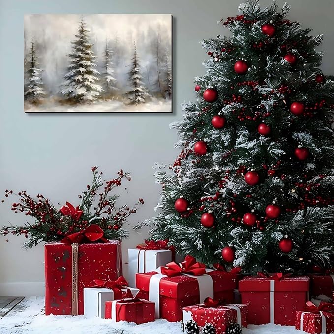 Framed Canvas Wall Art 24x36in, Vintage Snowy Christmas Tree Decor, Pine Tree Pictures for Living Room Decor, Winter Forest Paintings for Bedroom Bathroom, Holiday Decorations Gifts