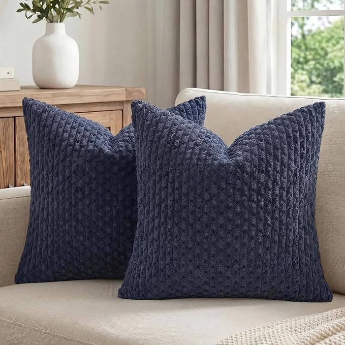 Fancy Homi 2 Packs Navy Blue Decorative Throw Pillow Covers 12x12 Inch for Couch Bed Sofa, Modern Farmhouse Boho Home Decor, Soft Cute Plush Corduroy Cushion Case 30x30 CM