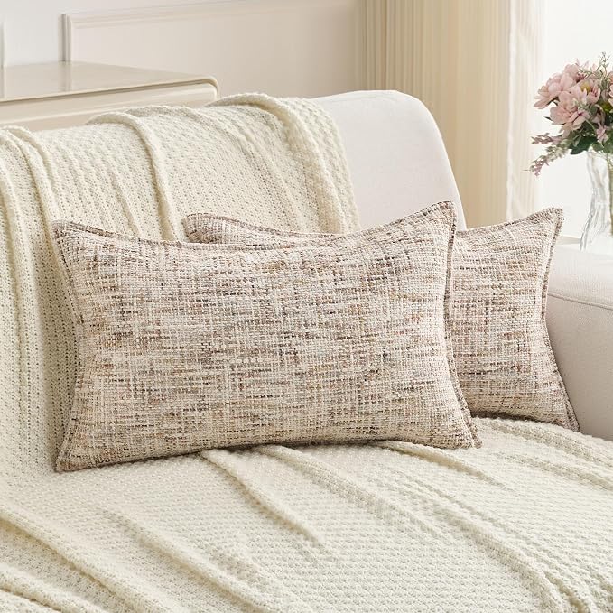 FUTEI Pack of 2 Chenille Tweed Vintage Throw Pillow Covers 12x20 Inch Soft Decorative Lumbar Pillowcase Modern Farmhouse Accent for Couch Bed Living Room, Beige Brown