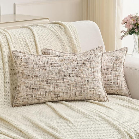FUTEI Pack of 2 Chenille Tweed Vintage Throw Pillow Covers 12x20 Inch Soft Decorative Lumbar Pillowcase Modern Farmhouse Accent for Couch Bed Living Room, Beige Brown
