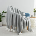 Grey Pom Pom Throw Blanket for Couch, 50"X60" Soft Lightweight Knitted Farmhouse Decorative Blankets for Bed and Sofa