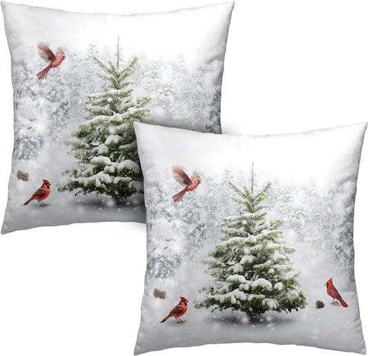 Set of 2 Snowy Winter Throw Pillow Covers 20x20 Natural Forest Pillow Case Christmas Pine Tree with Cardinal Birds Cushion Case for Holiday Decorations Couch Living Room