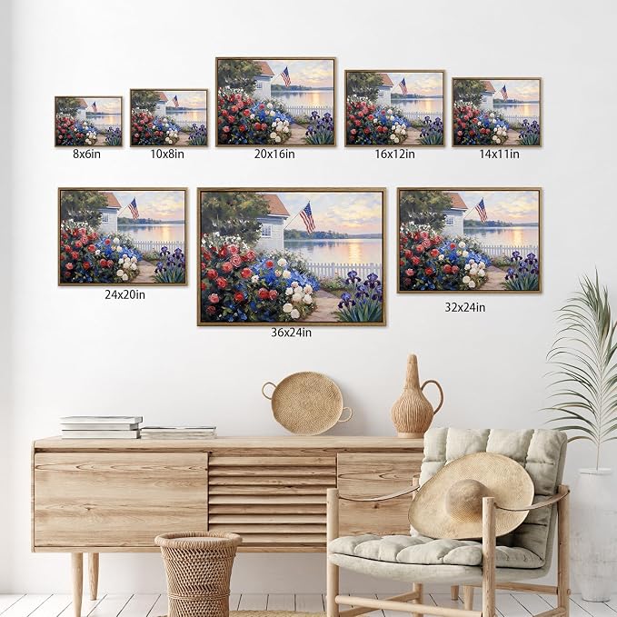 American Flag Framed Canvas Wall Art, 4th of July Patriotic Canvas Prints | Summer Cottage Landscape Poster Print, Vintage Independence Day Wall Decor for Bedroom Living Room 24×36in