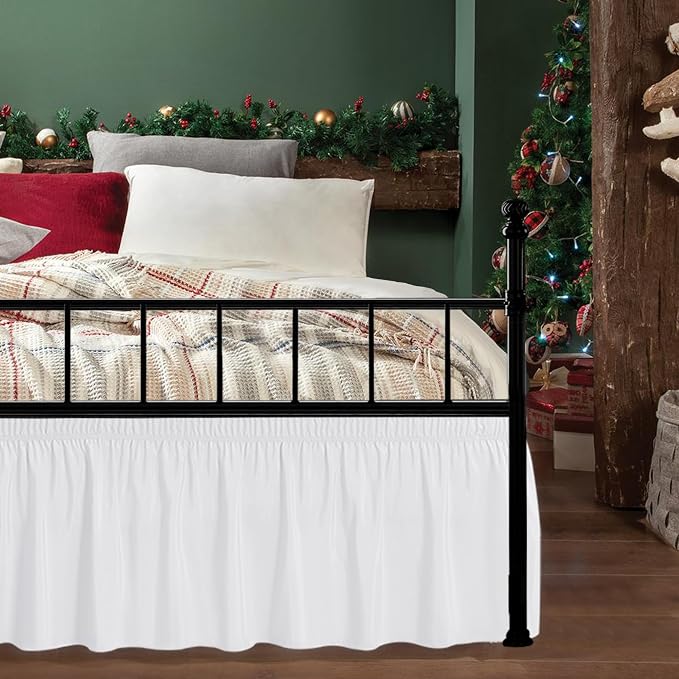 Wrap Around Full Size Bed Skirt Split Corners 15" Drop-Elastic Dust Ruffle | White Adjustable Pleated Bedskirt-Easy Fit Wrinkle Resistant Washable Bed Skirting-Hotels Apartment Guest Bedroom Bed Posts