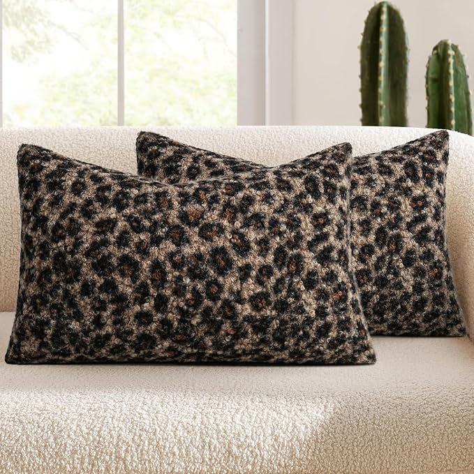 cygnus Cheetah Print Throw Pillow Covers 12x20 Inch | Set of 2 Soft Fuzzy Curly Textured Decorative Pillowcase, Leopard Pillows for Living Room Bedroom Stockholm Home Decor