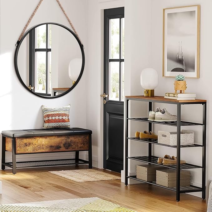 Hanging Mirror Black Round Metal Framed Circle Wall Mirrors with Rope Modern for Bathroom Bedroom Living Room Entryway Home Decorative 28"