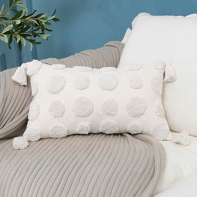 PLWORLD Boho White Lumbar Pillow Cover 12x20, Tufted Cream Chenille Case with Pom Poms & Tassels, 1PC Cover Only, No Insert