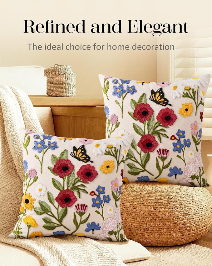 Embroidered Throw Pillow Covers 18x18 Inch, 2Pack, Retro Flower | Decorative Pillow Covers Set of 2, Vintage Cushion Cases with Hidden Zipper, Boho Decor for Couch, Sofa, Living Room