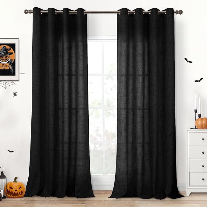 YoungsTex Black Linen Semi Sheer Curtains 90 Inch Length for Living Room | Light Filtering Drapes with Bronze Grommet Privacy Halloween Decor for Dining Bedroom Window, 52 x 90 Inch, 2 Panels