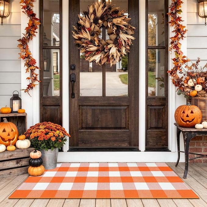 LEEVAN Halloween Outdoor Buffalo Plaid Door Mat Fall Decor Entryway Rugs | 2x4.3 Orange and White Autumn Washable Front Porch Door Mat, Small Farmhouse Layered Checkered Rug for Kitchen Patio Bathroom