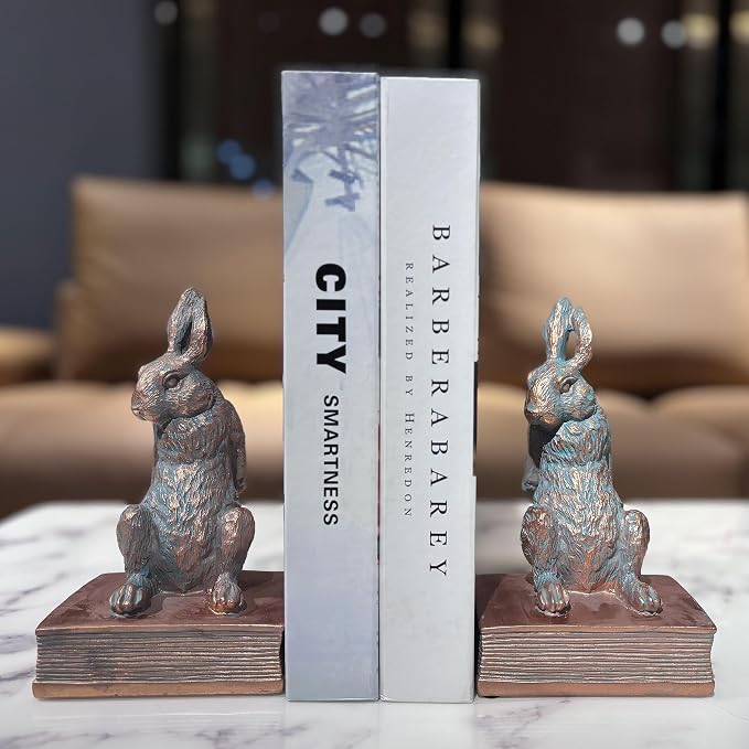 Book Ends for Shelves to Hold Books Hevay Duty,Decorative Rabbit Bookends | for Bookshelf Décor,Cute Animal Rabbit Book Stopper Easter Bunny Statues for Home, Living Room Decoration,1 Pair (Bronze)