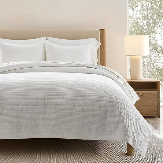 EVERGRACEHOME 100% Cotton Modern Lines Quilt Set King Size, Bright White | Pre-Washed Soft Cotton, Striped Coverlet Bedspread, 3 Piece Lightweight Bedding Set for All Season, with 2 Pillow Shams