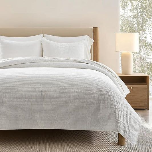 EVERGRACEHOME 100% Cotton Modern Lines Quilt Set Queen Size, Bright White | Pre-Washed Soft Cotton, Striped Coverlet Bedspread, 3 Piece Lightweight Bedding Set for All Season, with 2 Pillow Shams