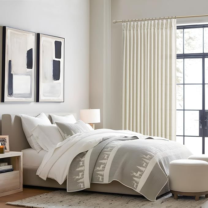 Cream Memory Shape Pleated 95 Inch Curtains 2 Panels Set for Dining Room, Natural Linen Textured Semi Sheer Heavy Drapes Light Filtering Privacy 94-96 Inches Long Windows Curtain with Hooks & Rings