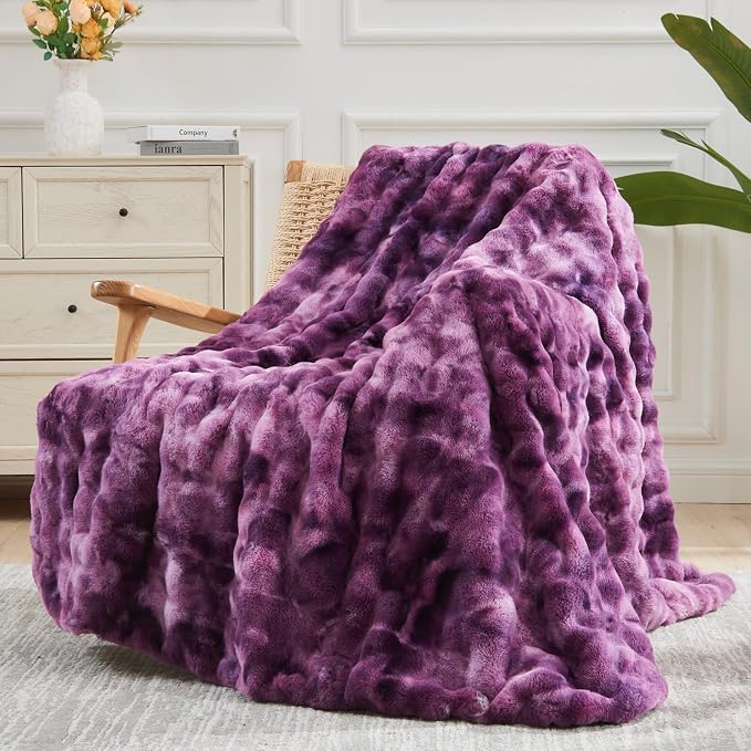 NEWCOSPLAY Faux Fur Bubble Twin Blanket for Couch, Tie-Dye Purple, 60"x80" | Fluffy Soft Thick Warm Bubble Blanket for Couch Sofa Bed 700GSM, Plush Cozy Luxury Decorative Throw, Gift for Women Men