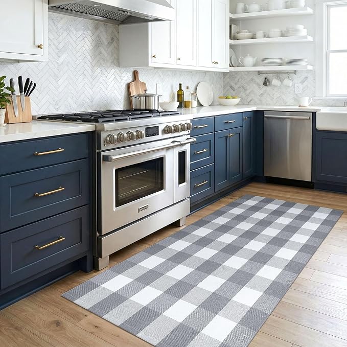 KOZYFLY Buffalo Plaid Area Rugs 3x5 Grey and White Washable Front Door Mat | Woven Cotton Outdoor Rug, Checkered Doormat for Front Porch Patio Farmhouse, Indoor Kitchen Entryway Rug